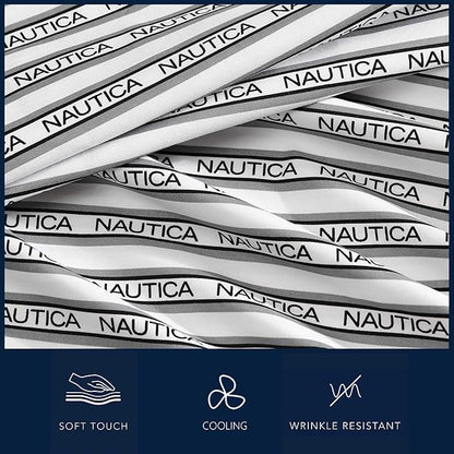 Nautica - Twin XL Sheet Set, Breathable & Cooling Microfiber Bedding with Matching Sham(s), Casual Home Decor (Striped Nautica Logo Grey, Twin XL)