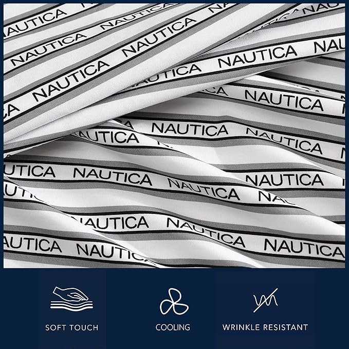 Nautica - Full Sheet Set, Breathable & Cooling Microfiber Bedding with Matching Sham(s), Casual Bedding Set (Striped Nautica Logo Grey, Full)