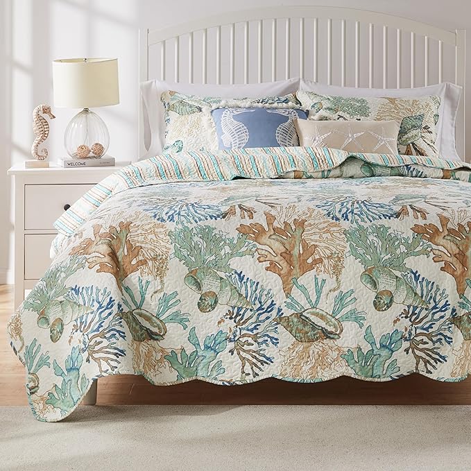 Greenland Home Barefoot Bungalow Atlantis Coastal Quilt Set, 5-Piece King/Cal King, Jade