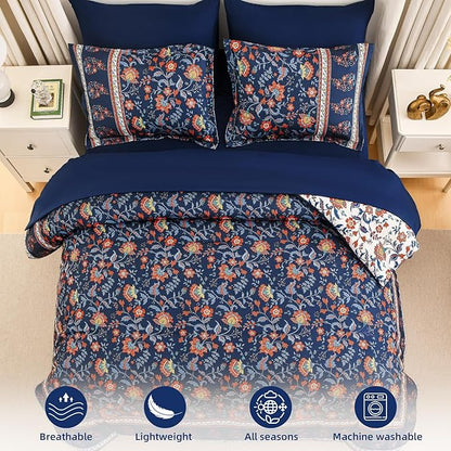 Dinjoy Comforter Set King Size Boho, Reversible Navy Bedding Paisley Floral 7 Piece Bed in a Bag Soft Lightweight Bohemain Comforters with Sheet Sets for All Season