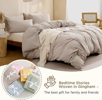 TOCOMOA Tan Gingham Duvet Cover Bedding Set 100% Washed Cotton Like Linen Feel Super Soft Comfy 3 Piece Brown Plaid Checkered Comforter Cover Set (Oversized Queen 98"x98", Comforter Not Included)