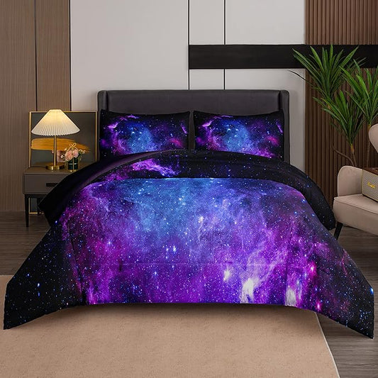 NINENINE King Size Comforter Purple Bed Set for Teen Kids Girls Galaxy Bedding Sets Printed with 1 Comforter 2Pillowcases……