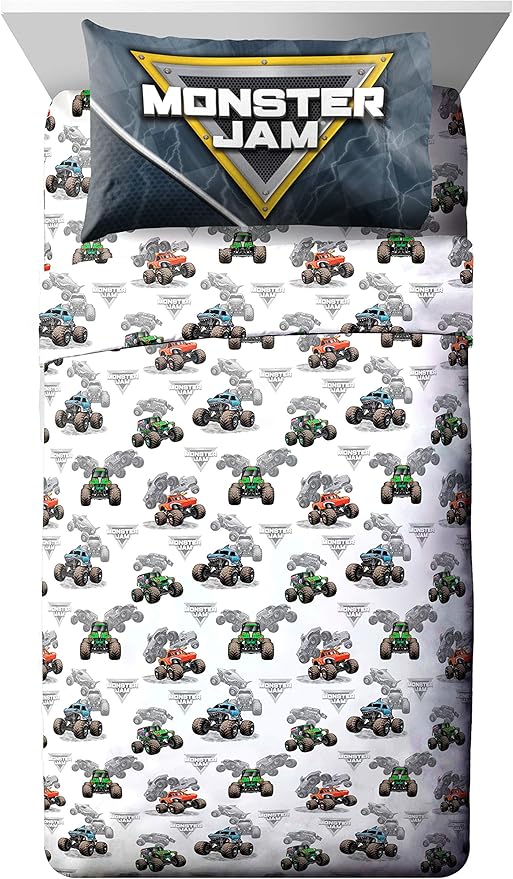 Jay Franco Monster Jam Slash 7 Piece Full Bed Set - Includes Reversible Comforter & Sheet- Bedding Features Grave Digger & Megalodon-Super Soft Fade Resistant Microfiber(Official Monster Jam Product)