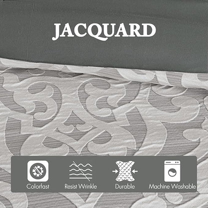 Madison Park Odette Cozy Comforter Set Jacquard Damask Medallion Design - Modern All Season, Down Alternative Bedding, Shams, Decorative Pillows, Queen(90 in x 90 in), Silver 8 Piece