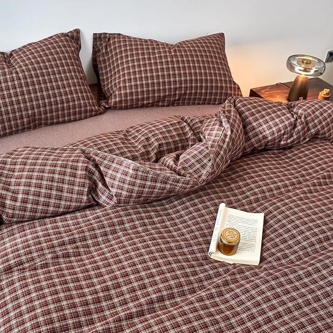 EAVD Vintage Style Burgundy Gingham Duvet Cover Twin 100% Washed Cotton Like Linen Feel Soft Checkered Grid Plaid Bedding Set with 2 Pillowcases Farmhouse Grid Geometric Duvet Cover with Zipper