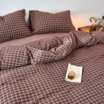 EAVD Vintage Style Burgundy Gingham Duvet Cover Queen 100% Washed Cotton Like Linen Feel Soft Checkered Grid Plaid Bedding Set with 2 Pillowcases Farmhouse Grid Geometric Duvet Cover with Zipper