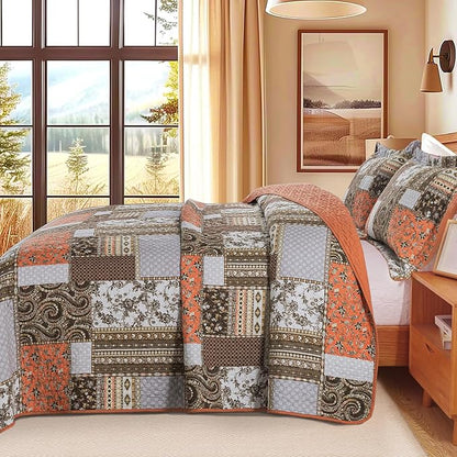 BEDIFANY Cotton California King Size Quilt for Farmhouse- Fall Patchwork Bedspread Set - Highly-Woven Soft Reversible Oversized King Size Coverlet for All Seasons (Floral Orange) 3 Pieces