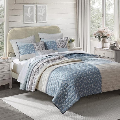Wonderful 100% Cotton Patchwork Quilt King Size, Blue Beige Floral Stitch Bedding, Farmhouse Reversible Soft Pre-Washed Rustic Coverlet Bedspread for All Season 106"x94"