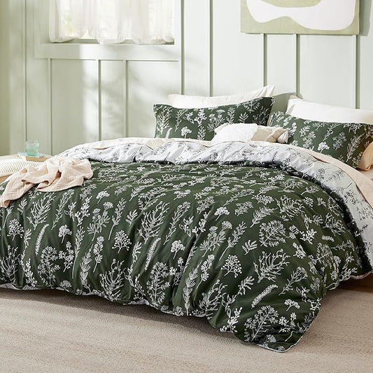 Bedsure Twin/Twin XL Comforter Set - Dark Olive Green Bed Set, 2 Pieces Cute Floral Bedding, 1 Soft Reversible Botanical Flowers Comforter and 1 Pillow Sham