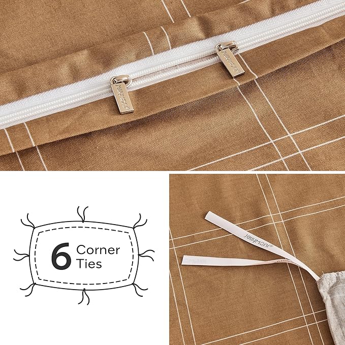 JELLYMONI 100% Natural Cotton Twin Duvet Cover Set, 2pcs Plaid Duvet Cover Sets with Zipper Closure, Grid Geometric Pattern Comforter Cover, Rust