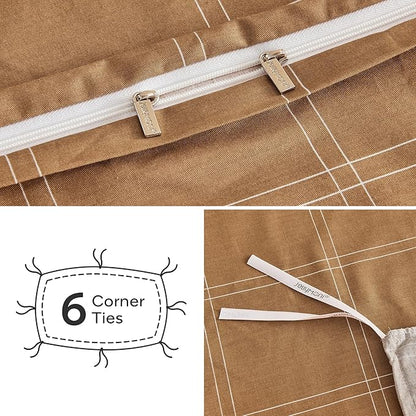 JELLYMONI 100% Natural Cotton King Duvet Cover Set, 3pcs Plaid Duvet Cover Sets with Zipper Closure, Grid Geometric Pattern Comforter Cover, Rust