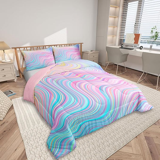 Feelyou Girls Pink Comforter Set Toddler Size Kids Rainbow Stripe Bedding Set for Boys Teens Women Die Tye Comforter Breathable Geometric Duvet Princess Decor Quilt,1 Comforter with 1 Pillowcase