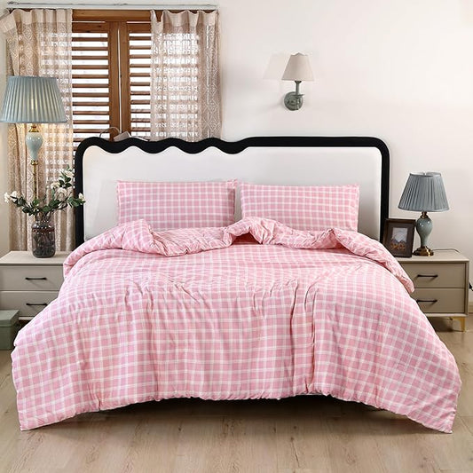 SDIII 3PCS Pink Gingham Comforter Set Queen 100% Washed Microfiber Lightweight Soft Pink Gingham Bedding Farmhouse Shabby Chic Checkered Plaid