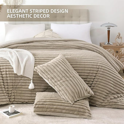 Smoofy Fluffy Full Size Comforter Sets 3 Pieces - Linen Fleece Fluffy Comforter Set, Luxury Fuzzy Full Bedding Set, Soft Comforter Full Size All Season, Heavy Faux Fur Comforter with 2 Pillow Cases
