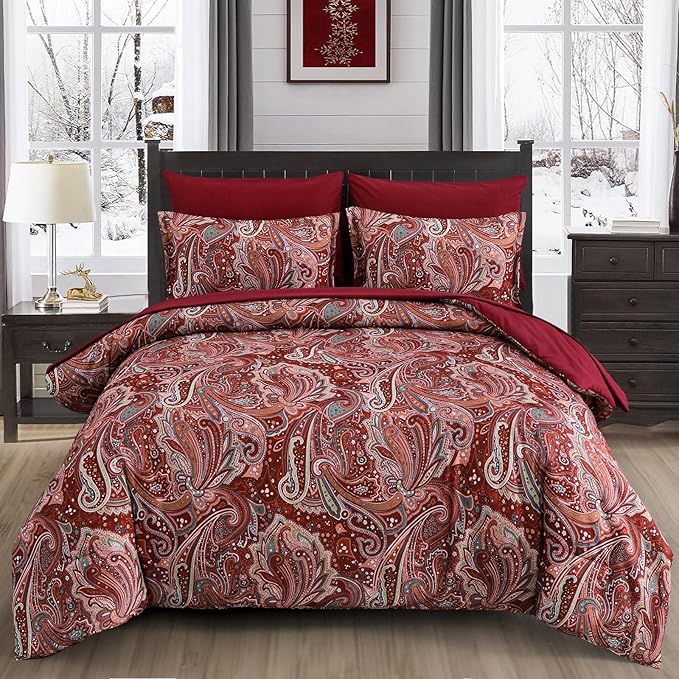 DJY Red Paisley Comforter Set King Size, 7 Piece Bed in a Bag Boho Paisley Pattern Comforter Set Soft Lightweight Microfiber Reversible Bedding Set for All Season (104''x90'')