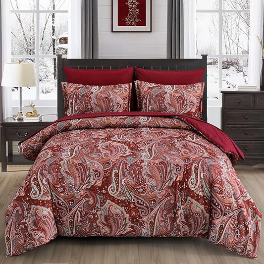 DJY Red Paisley Comforter Set King Size, 7 Piece Bed in a Bag Boho Paisley Pattern Comforter Set Soft Lightweight Microfiber Reversible Bedding Set for All Season (104''x90'')