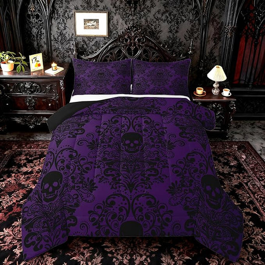 Feelyou Adults Gothic Skull Bedding Set Full Size Kids Damask Print Comforter Goth Bohemian Duvet Breathable Soft Lightweight Microfiber Black Purple Room Decor with 2 Pillowcases