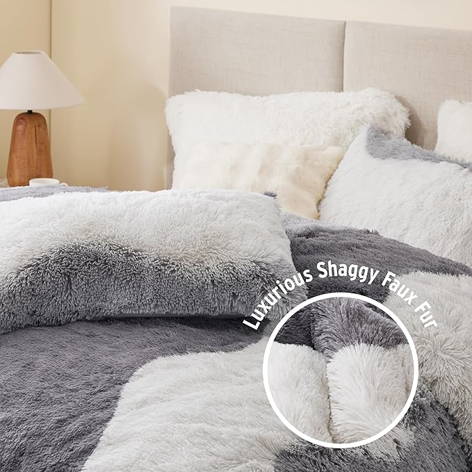 Intelligent Design Shaggy Faux Fur Comforter Set, Cozy & Soft Long Fur with Ombre Color Waves Pattern, Modern All Season Down Alternative Bed Set with Matching Sham, Cassie Twin/Twin XL Grey 2 Piece