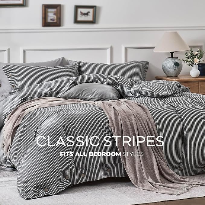 JELLYMONI Cotton Duvet Cover King Size - Black Vertical Pinstriped Comforter Cover with Button 100% Washed Cotton 3PCS Breathable Soft Solid Bedding Set Duvet Cover 104×90in & 2 Pillowcases