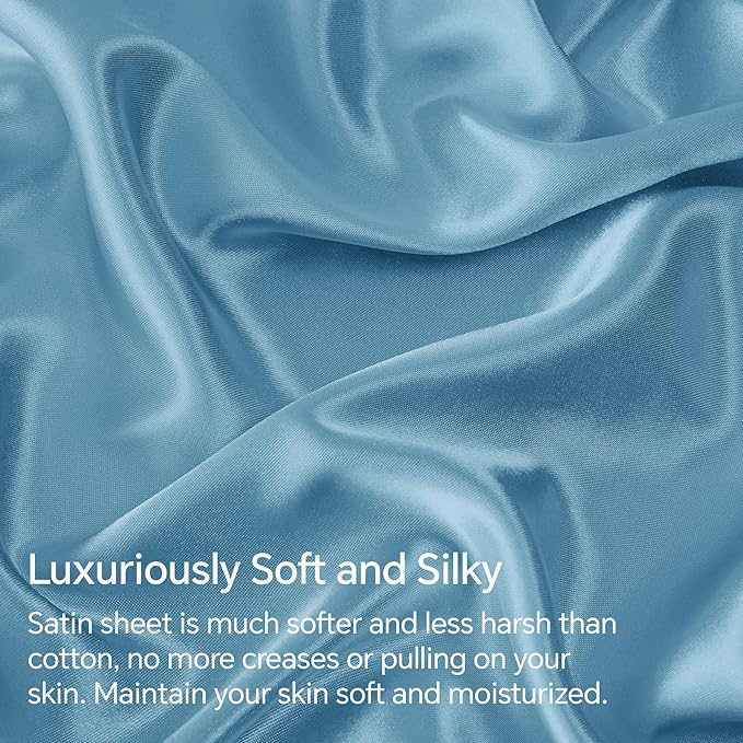 BEDELITE King Size Sheets Set, Luxury Soft Airy Blue Satin Sheets for Hair and Skin, Similar to Silk Bed Sheets Set 4 Pieces with 1 Deep Pocket Fitted Sheet, 1 Flat Sheet, and 2 Pillowcases