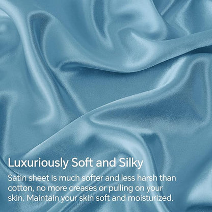 BEDELITE Satin Sheets Full Size Bed Set, Luxury Soft Airy Blue Silky Sheets for Hair and Skin, Similar to Silk Bed Sheets Set 4 Pieces with 1 Deep Pocket Fitted Sheet, 1 Flat Sheet, and 2 Pillowcases