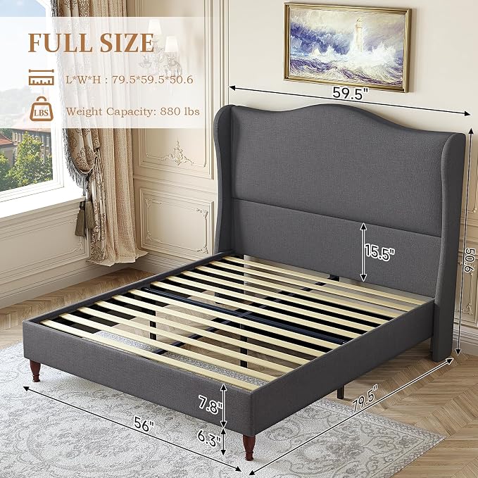 koorlian Full Size Upholstered Bed Frame with 51'' Tall Headboard, Grey | Reinforced Platform Bed, Easy Assembly, Soft Fabric, Sleigh Wingback, Solid Wood Retro Legs, Noise-Free, Classic & Simple