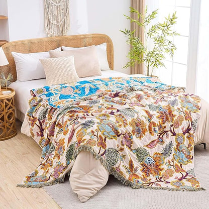 Boho Throw Blanket for Bed, 100% Cotton Soft Rustic Quilt Fall Blanket, 90"x98" Floral Printed Farmhouse Decor Bed Blankets, All Season Rustic Reversible Bohemian Throw Quilt
