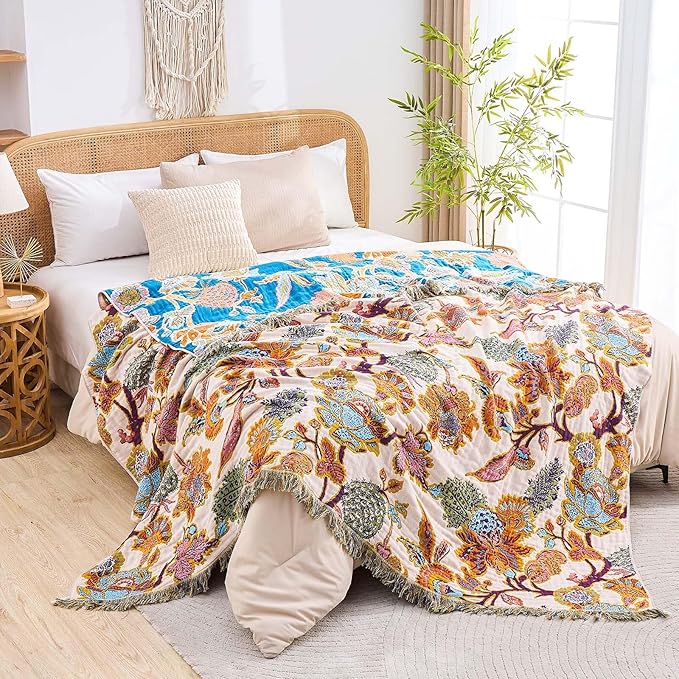 Boho Throw Blanket for Bed, 100% Cotton Soft Rustic Quilt Fall Blanket, 60"x80" Floral Printed Farmhouse Decor Bed Blankets, All Season Rustic Reversible Bohemian Throw Quilt