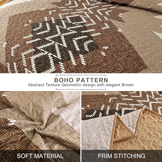 Dintszyayue Bohemian Quilt Set King Size,3 Pieces Aztec Texture Bedding Coverlet Set Brown Boho Bedspread Coverlet Set Geometric Pattern Lightweight Quilt Bedding Set for All Season (Brown,90"x103")