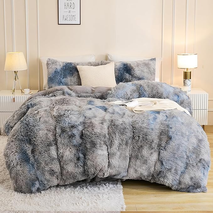 Andency Faux Fur Tie-Dyed Grey Blue Comforter Set Full Size, 3 Pieces Fluffy Fuzzy Plush Bedding Comforter Set (1 Shaggy Velvet Comforter & 2 Pillowcases), Soft Puffy Down Comforter Bedding Set