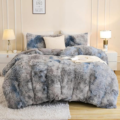 Andency Faux Fur Tie-Dyed Grey Blue Comforter Set Full Size, 3 Pieces Fluffy Fuzzy Plush Bedding Comforter Set (1 Shaggy Velvet Comforter & 2 Pillowcases), Soft Puffy Down Comforter Bedding Set