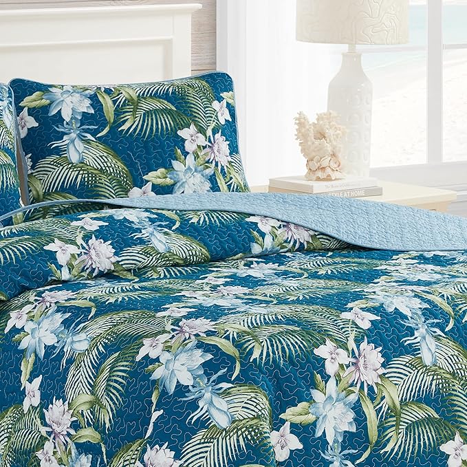 Tommy Bahama - King Quilt Set, Reversible Cotton Bedding with Matching Shams, Medium Weight, Oeko-Tex Certified (Southern Breeze Dark Blue)