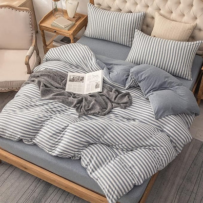 PURE ERA Jersey Knit Duvet Cover Set 100% T-Shirt Heather Cotton Super Soft Comfy Classic Striped Design, with Zipper Closure, Heather Blueish Grey Stripe, Cal King