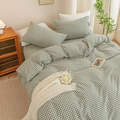 ECOCOTT Green Gingham Duvet Cover King Size 100% Washed Cotton Like Linen Feel Super Soft & Comfy Bedding Set Modern Checkered Design for All Seasons