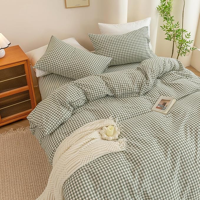 ECOCOTT Green Gingham Duvet Cover Queen Size 100% Washed Cotton Like Linen Feel Super Soft & Comfy Bedding Set Modern Checkered Design for All Seasons