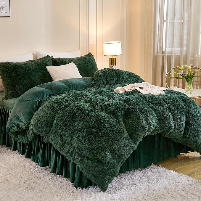 Andency Fluffy Emerald Green Comforter Set Full Size, 3 Pieces Winter Faux Fur Warm Soft Fuzzy Plush Bedding Comforter Set (1 Velvet Comforter & 2 Pillowcases), Thick Heavy Puffy Comfy Bedding Set