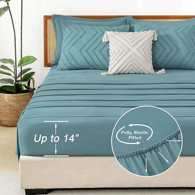 Litanika Super King Plus Size Comforter Set with Sheets Grayish Teal - 7 Pieces Bed in a Bag Oversized King Boho Tufted Complete Bedding Sets with Comforter, Sheets, Pillowcases & Shams