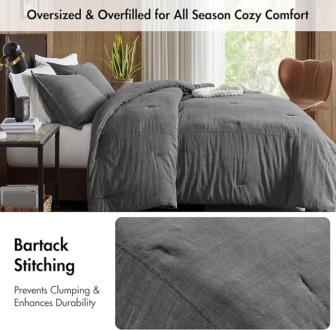 Woolrich Queen Comforter Set Cotton Stone Washed, Oversized Comforters Queen Size Bed, All Season Down Alternative Overfilled Queen Size Comforter, McKenzie, Full/Queen Grey 3 Piece