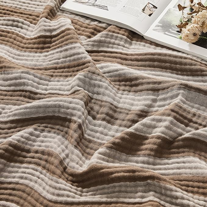 EMME Cotton Muslin Twin XL Blanket Breathable Gauze Soft Lightweight Adults Gifts for Women (Striped Brown, 66"x90")
