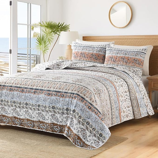 Boho Style King Quilt Set Mocha Brown Bohemian Floral Strip Quilt Beddding Set, Soft and Lightweight Bedspread for All Season, Oversize King Bed Coverlet with 2 Matching Pillow Shams (3 Pieces)