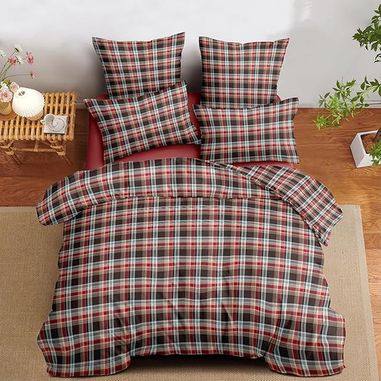 Nayoroom Plaid Duvet Cover Queen Size Vintage Red Brown Gingham Checkered Tartan Duvet Cover Dorm Bedding Set 3 Pieces Soft Lightweight Microfiber Farmhouse Bedding Set Gifts for Women Men