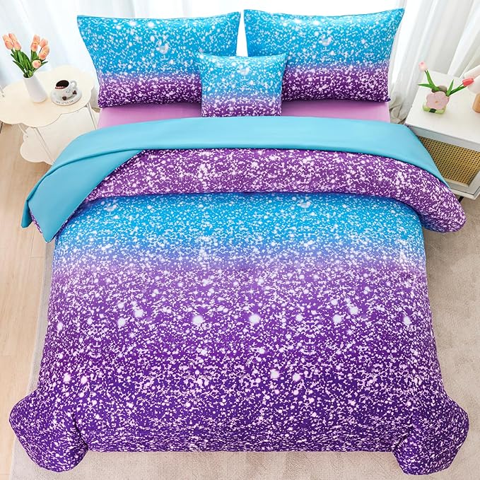 RYNGHIPY Blue Purple Girls Bedding Set 3D Colorful Galaxy Starry Comforter Sets for Girls Kids Queen Lightweight Soft Rainbow Bed in A Bag