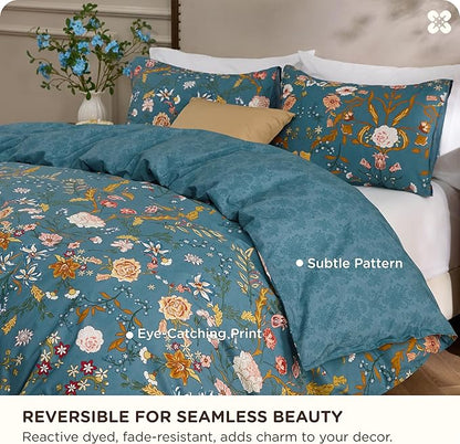 Bedsure Floral Duvet Cover Queen Size - 100% Cotton Reversible Botanical Shabby Chic Duvet Cover Set, 3 Pieces Soft & Breathable PureWoven Bedding Set with 2 Pillow Shams (Vintage Teal Floral 90"x90")