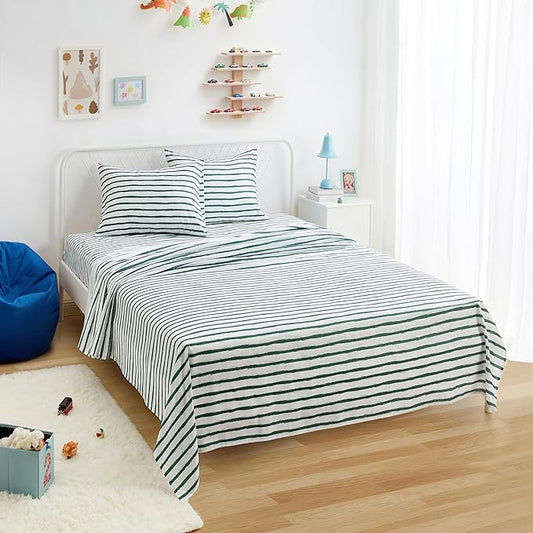 Amazon Basics Microfiber Kids' Sheet Set with 2 Pillowcases, 4-Piece, Green Stripes, Queen