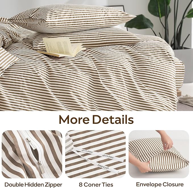 JELLYMONI 100% Natural Cotton 3pcs Striped Duvet Cover Sets,White Duvet Cover with Khaki Stripes Pattern Printed Comforter Cover,with Zipper Closure & Corner Ties(Full Size)