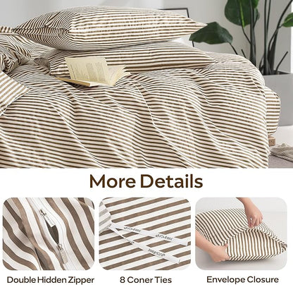 JELLYMONI 100% Natural Cotton 3pcs Striped Duvet Cover Sets,White Duvet Cover with Khaki Stripes Pattern Printed Comforter Cover,with Zipper Closure & Corner Ties(Full Size)