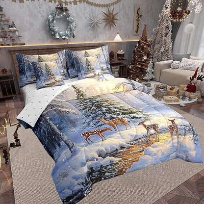 Winter Jungle Elk Deer Comforter Set Bed in a Bag 7 Pieces King,Merry Christmas Theme Bedding Set,Vintage Farmhouse Style (Comforter+Fitted+Flat Sheet+2 Pillowcases+2 Throw Pillow Covers)