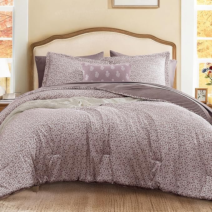 Full Comforter Set - 7 Pieces Deep Purple Gauze Muslin Bedding Sets for All Seasons, Lightweight Breathable Bed in a Bag Full with Revesible Farmhouse Comforter, Sheets, Pillowcases & Shams