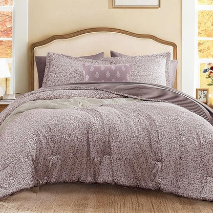Queen Comforter Set - 7 Pieces Deep Purple Gauze Muslin Bedding Sets for All Seasons, Lightweight Breathable Bed in a Bag Queen with Revesible Farmhouse Comforter, Sheets, Pillowcases & Shams