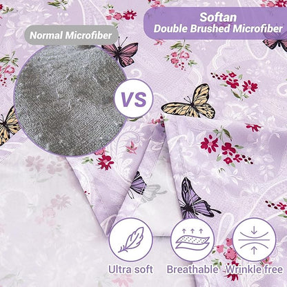 Paisley Floral Bed Sheets Queen Set, Purple Flower Printed Sheets for Queen Size Bed, Microfiber Fitted Sheet with 15" Deep Pocket and Corner Straps, Butterfly Patterned Sheet & Pillowcase Sets